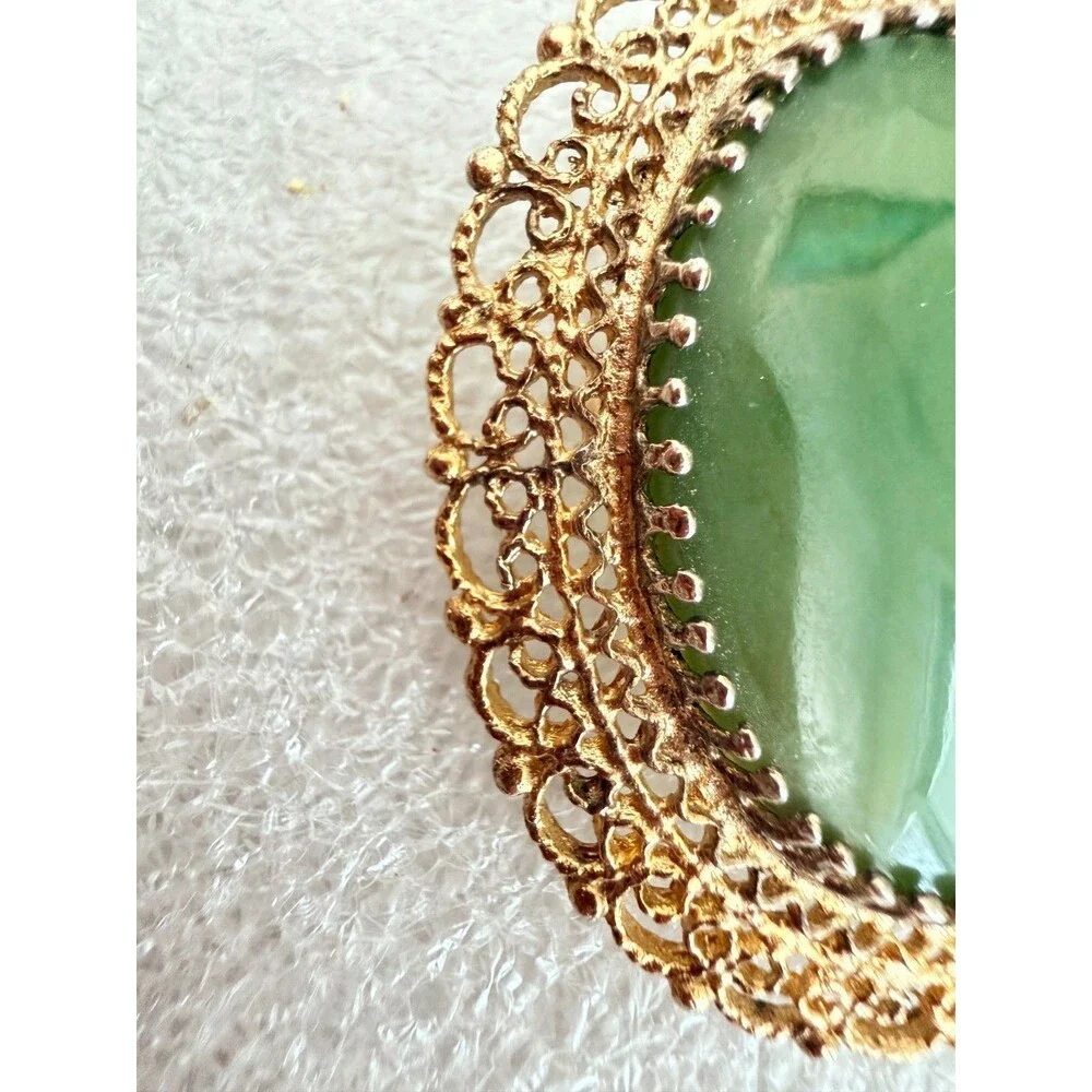 Vintage 1960s Karen Lynne Sterling Silver Gold Vermeil Green Jade Filigree Brooc